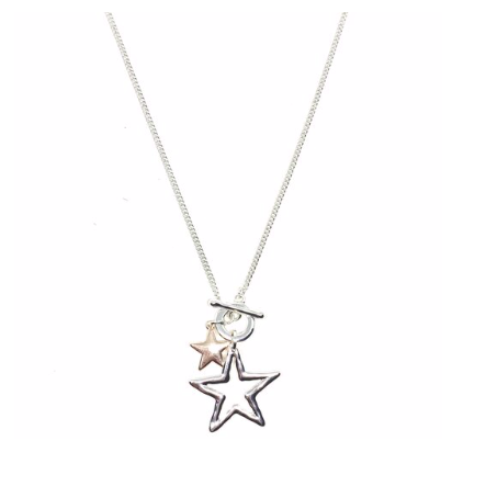 Discover eye-catching, straight-off-the-runway inspired pieces. One statement piece, infinite possibilities…  Merx Modern is exclusively designed and handmade in Canada.  Shiny silver & rose gold   This necklace has a double star pendant - small star is rose gold and the larger hollow star is silver.  The chain is silver.   This necklace length is 35” (including star pendant) with a toggle closure  Star is 2”x2”