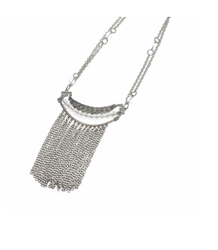This fringe necklace is the perfect accessory to wear with a turtleneck sweater  Rhodium plated, so will not tarnish  This necklace is 20” with a white gold plated toggle clasp  Hypoallergenic