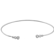 Load image into Gallery viewer, This 925 sterling silver cuff bangle is simple and elegant.  Size: 50mm  Rhodium Plated  Bracelet has 3 high quality cubic zirconia on each side  Hypoallergenic
