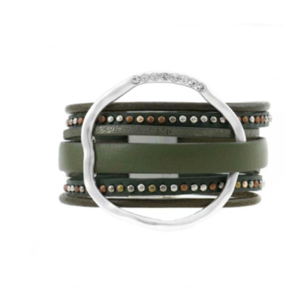 Leather bracelets are one of the hottest items of the season! Merx fashion bracelets are designed using high quality genuine leather, embellished with freshwater pearls, agate stones, and crystals. The metal used is pewter, zinc or brass. Nickel free & lead free.  This green leather bracelet is embellished with crystals   Magnetic clasp  Size: 8” in length  Width size: 1.25