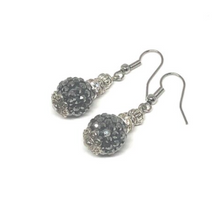 Load image into Gallery viewer, These black glitter ball earrings are very elegant. The finishings on each earring are white gold plated.  They are hypoallergenic, lead and nickel free and tarnish resistant  Length: 4cm in length
