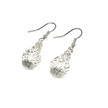 Load image into Gallery viewer, These clear glitter ball earrings are very elegant. The finishings on each earring are white gold plated.  They are hypoallergenic, lead and nickel free and tarnish resistant  Length: 4cm in length
