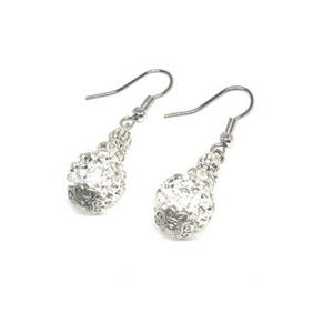 These clear glitter ball earrings are very elegant. The finishings on each earring are white gold plated.  They are hypoallergenic, lead and nickel free and tarnish resistant  Length: 4cm in length