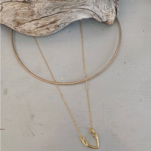 The Basic NOT SO Basic! This necklace can be worn two ways - wear the collar to the front, or turn it around and wear it to the back with just the necklace hanging in the front.  Two different looks - so versatile.   Gold Wire Collar   Gold Filled Chain   Gold Plated Antler Pendan
