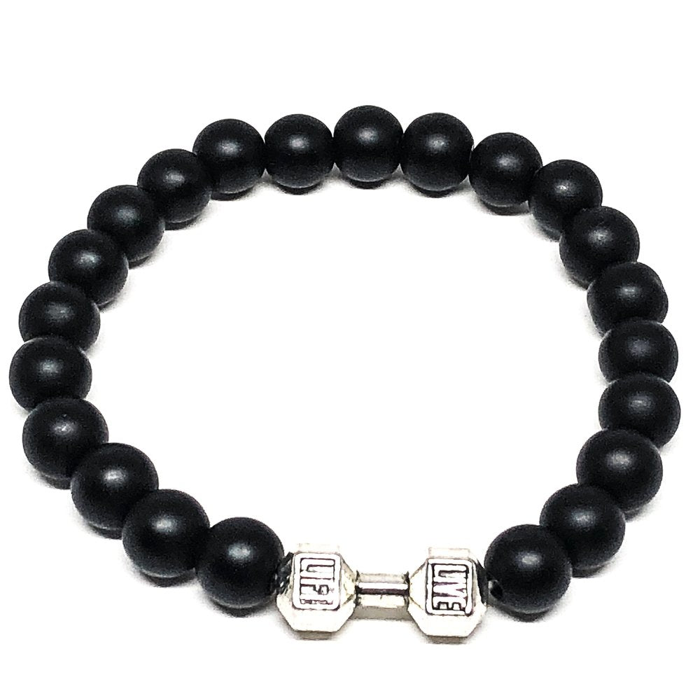 This black agate matte bracelet is perfect for the avid gym enthusiast.  Black agate is a grounding and protective stone. It gives a calming peace that helps those in periods of stress. The silver plated “live lift” dumbbell gives it a unique look.   8mm Black Agate Matte Beads   Silver Plated Brass 
