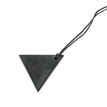 Load image into Gallery viewer, This black, lustrous, geometric shaped genuine shungite pendant, offers understated beauty with its clean lines.  It’s on a black cord that allows you to select the length of the necklace. As a healing stone, it is called the stone of life and rejuvenation stone as it has tremendous healing and antibacterial qualities. It can charge water with cleansing energies and protects against electromagnetic radiation from things like computers and cell phones.
