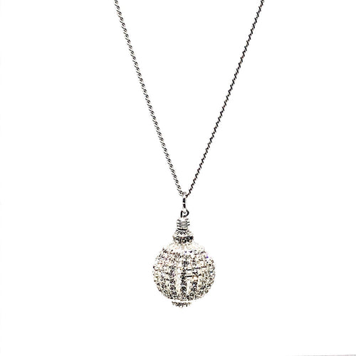 This beautiful handcrafted glitter ball necklace has a white chandelier ball which is white gold plated with Czech crystals.  The finishings are all white gold plated.  This necklace is rhodium plated and 26