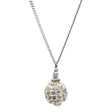 Load image into Gallery viewer, This beautiful handcrafted glitter ball necklace has a white chandelier ball which is white gold plated with Czech crystals.  The finishings are all white gold plated.  This necklace is rhodium plated and 28&quot; in length with a toggle clasp  This necklace is lead, nickel free and tarnish resistant  Designed and handcrafted by Canadian Artisan

