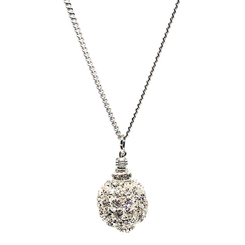 This beautiful handcrafted glitter ball necklace has a white chandelier ball which is white gold plated with Czech crystals.  The finishings are all white gold plated.  This necklace is rhodium plated and 28