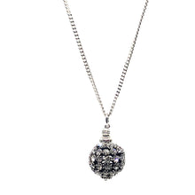 Load image into Gallery viewer, This beautiful handcrafted glitter ball necklace has a black chandelier ball which is white gold plated with Czech crystals.  The finishings are all white gold plated.  This necklace is rhodium plated and 26” in length with a toggle clasp  This necklace is lead, nickel free and tarnish resistant  Designed and handcrafted by Canadian Artisan
