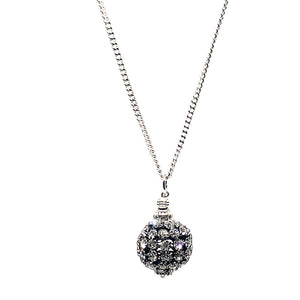 This beautiful handcrafted glitter ball necklace has a black chandelier ball which is white gold plated with Czech crystals.  The finishings are all white gold plated.  This necklace is rhodium plated and 26” in length with a toggle clasp  This necklace is lead, nickel free and tarnish resistant  Designed and handcrafted by Canadian Artisan