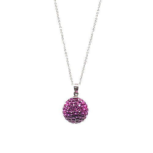 15mm swarovski crystal ball pendant  These genuine fuschia swarovski crystals are set in a clay base  This sterling silver necklace is approx. 16