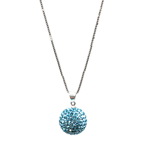 15mm swarovski crystal ball pendant  These genuine light aqua swarovski crystals are set in a clay base  This sterling silver necklace is approx. 16