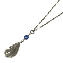 Load image into Gallery viewer, This Birds and Feather Gemstone Necklace features a stunning Lapis Lazuli gemstone and an antique bronze-colored feather for a trendy but timeless look.  This necklace is adjustable to approximately 32&quot; in length  Pendant is 3.5&quot; x 1&quot;

