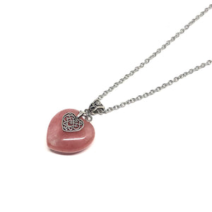 Genuine cherry "quartz" heart stone  Hypo-allergenic stainless steel chain  This necklace is adjustable to approximately 32" in length