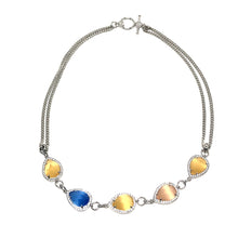 Load image into Gallery viewer, This beautiful short necklace has Blue Agate, Yellow Agate crystals surrounded by beautiful Czech crystals.  The length of this necklace is 16 inches  Chain is rhodium plated  Designed and handcrafted by Canadian artisan
