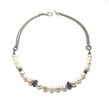 Load image into Gallery viewer, This stunning handcrafted genuine freshwater pearl necklace is designed to enhance your evening wear dress.  This necklace has czech crystals set between the freshwater pearls  This necklace is 20” in length and is rhodium plated  Designed and handcrafted by Canadian artisan
