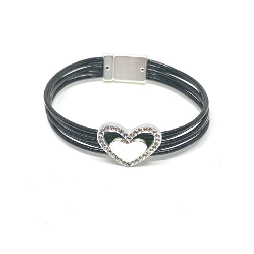 Leather bracelets are one of the hottest items of the season! Merx fashion bracelets are designed using high quality genuine leather, embellished with freshwater pearls, agate stones, and crystals. The metal used is pewter, zinc or brass. Nickel free & lead free.  This silver double heart bracelet that is outlined with rhinestones   Magnetic clasp  Size: 8” in length  Width: 1/2