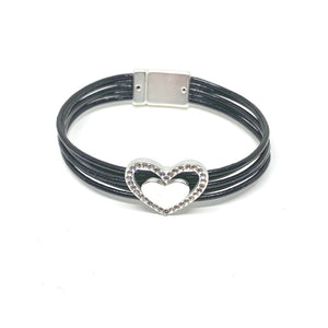 Leather bracelets are one of the hottest items of the season! Merx fashion bracelets are designed using high quality genuine leather, embellished with freshwater pearls, agate stones, and crystals. The metal used is pewter, zinc or brass. Nickel free & lead free.  This silver double heart bracelet that is outlined with rhinestones   Magnetic clasp  Size: 8” in length  Width: 1/2"