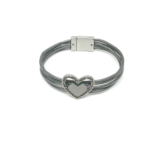 Leather bracelets are one of the hottest items of the season! Merx fashion bracelets are designed using high quality genuine leather, embellished with freshwater pearls, agate stones, and crystals. The metal used is pewter, zinc or brass. Nickel free & lead free.  This double heart grey bracelet is outlined with rhinestones   Magnetic clasp  Size: 8” in length  Width: 1/2