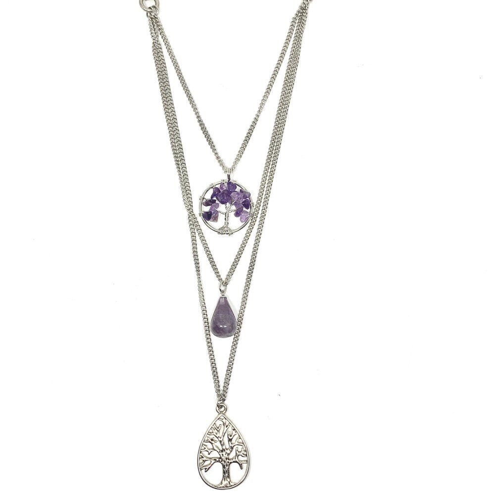 One of our best sellers - this 3 layered amethyst tree of life necklace is the perfect accessory to wear with any outfit.  Genuine Amethyst Stone  Rhodium plated chains that will not tarnish  This necklace is 21” in length but will sit at approx. 24”  Designed and handcrafted by Canadian artisan   