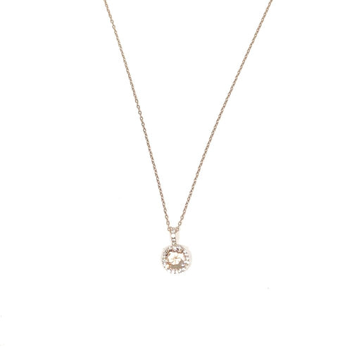 This beautiful necklace is 925 sterling silver with 14K Rose Gold plating  High quality morganite crystal with cubic zirconia  Lead and nickel free  Hypoallergenic  This necklace is 16