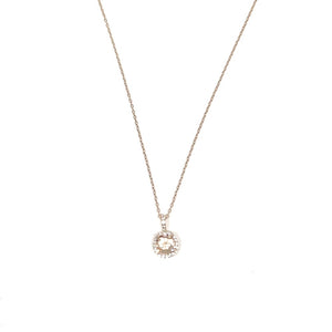 This beautiful necklace is 925 sterling silver with 14K Rose Gold plating  High quality morganite crystal with cubic zirconia  Lead and nickel free  Hypoallergenic  This necklace is 16" in length with a 2” extender