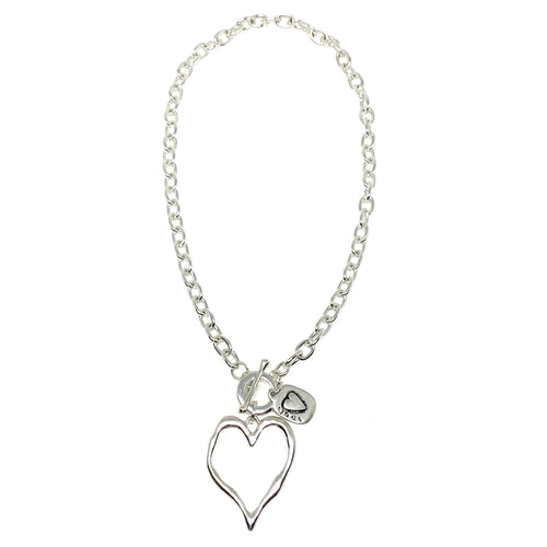 Discover eye-catching, straight-off-the-runway inspired pieces. One statement piece, infinite possibilities…  Merx Modern is exclusively designed and handmade in Canada.  This short necklace has a silver hollowed heart with a silver love pendant   This necklace length is 20” + toggle closure