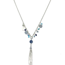 Load image into Gallery viewer, Discover eye-catching, straight-off-the-runway inspired pieces. One statement piece, infinite possibilities…  Merx Modern is exclusively designed and handmade in Canada.  This silver chain necklace has blue &amp; turquoise semi-precious stones and the length is 30” + 2” extender &amp; clasp  The tassel hangs down 4”

