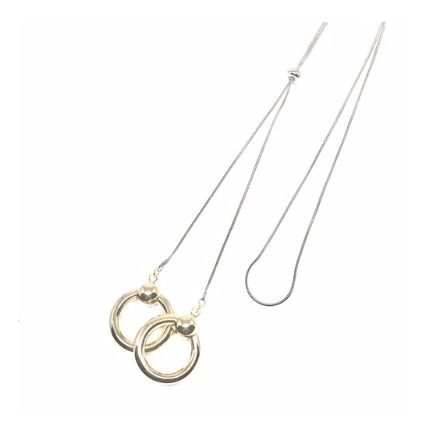Discover eye-catching, straight-off-the-runway inspired pieces. One statement piece, infinite possibilities…  Merx Modern is exclusively designed and handmade in Canada.  This fashionable necklace is very light weight with two double ring pendants.    This double ring necklace is adjustable with a total length of 30”  Each ring pendant is 1” x 1”