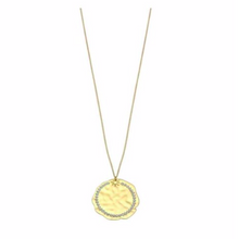 Load image into Gallery viewer, Discover eye-catching, straight-off-the-runway inspired pieces. One statement piece, infinite possibilities…  Merx Modern is exclusively designed and handmade in Canada.  This light gold sand dollar pendant necklace has crystal embedded into the pendant.   This necklace length is 30” + 3” extender with clasp  Pendant is 2” x 2”
