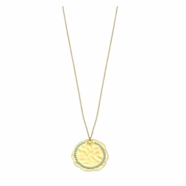 Discover eye-catching, straight-off-the-runway inspired pieces. One statement piece, infinite possibilities…  Merx Modern is exclusively designed and handmade in Canada.  This light gold sand dollar pendant necklace has crystal embedded into the pendant.   This necklace length is 30” + 3” extender with clasp  Pendant is 2” x 2”