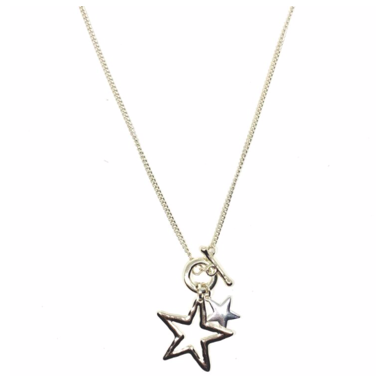 Discover eye-catching, straight-off-the-runway inspired pieces. One statement piece, infinite possibilities…  Merx Modern is exclusively designed and handmade in Canada.  Shiny silver & light gold   This necklace has a double star pendant - small star is silver and the larger hollow star is light gold.  The chain is light gold.   This necklace length is 35” (including star pendant) with a toggle closure  Star is 2”x2”