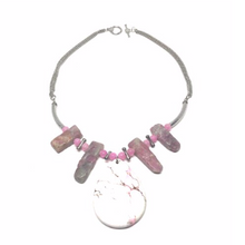 Load image into Gallery viewer, This necklace is handcrafted using genuine pink tourmaline and a genuine pink howlite pendant.  Both these stones together make the perfect necklace!  All finishings and charms are white gold plated.  This necklace is rhodium plated, lead and nickel free and tarnish resistant.  This necklace is 17” in length  Genuine Pink Howlite Pendant is 2” x 2”
