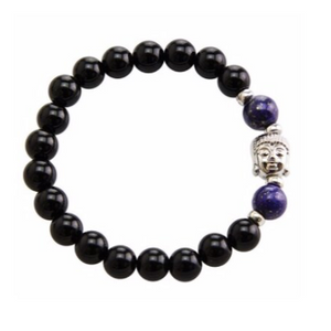 Stretchable bracelet with two lapis lazuli beads surrounding a Buddha charm. Accented with black onyx beads.As a healing stone, black onyx is thought to increase regeneration, happiness, intuition and instincts.  Includes:  1 bracelet, 18 cm in circumference with stretch cord, 9 mm beads