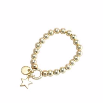 Bracelets are one of the hottest items of the season! Merx fashion bracelets are designed using high quality beads. The metal used is pewter, zinc or brass.   This light gold 8mm bead bracelet has a light gold star charm   Nickel free & lead free.    Tarnish resistant.   20cm 