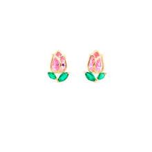 Load image into Gallery viewer, Very delicate 925 sterling silver with pink and green stones.  14K Gold plated. Lead and nickel free. Hypoallergenic. Size of these studs are 10mm x 7mm 

