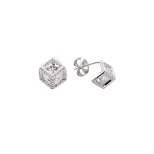 Load image into Gallery viewer, These trendy .925 sterling silver geometric cube earrings have a high quality cubic zirconia in the middle and are surrounded with smaller high quality cubic zirconia  Hypoallergenic, lead and nickel free  Size: 10mm x 10mm 

