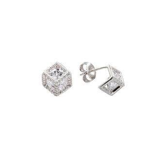 These trendy .925 sterling silver geometric cube earrings have a high quality cubic zirconia in the middle and are surrounded with smaller high quality cubic zirconia  Hypoallergenic, lead and nickel free  Size: 10mm x 10mm 