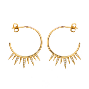 These spiked hoops are edgy yet elegant. Can be worn with jeans or your favourite dress.  925 Sterling Silver with 14K Gold plating  Size: 29mmx22mm  High quality cubic zirconia  Hypoallergenic, lead and nickel free