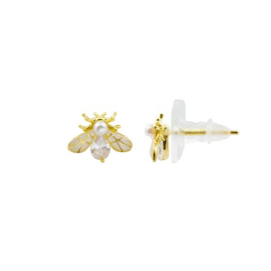 These cute firefly studs are 925 sterling silver with high quality cubic zirconia and simulated pearl. They are 14K Gold Plated.    Hypoallergenic   Lead and nickel free   Size: 8mm x 11mm 
