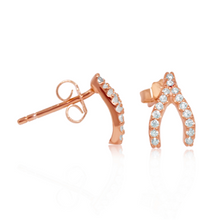 Load image into Gallery viewer, These cute 925 sterling silver wishbone earrings are outlined with high quality cubic zirconia  14K Rose Gold plated  Lead and nickel free, tarnish resistant  Hypoallergenic
