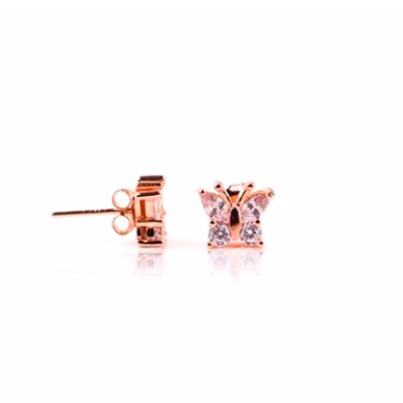 925 Sterling silver butterfly studs with 14K Rose Gold plating.   High quality cubic zirconia. Lead and nickel free. Hypoallergenic. The size of the studs are 8