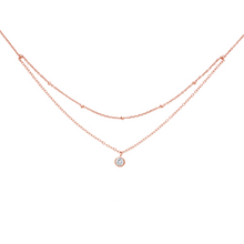 Load image into Gallery viewer, This trendy 925 sterling silver necklace is both a choker and a necklace, with a single cubic zirconia.  14K Rose Gold and 14K Gold plated  This necklace is 12” in length with a 2” extender.  Lead and nickel free
