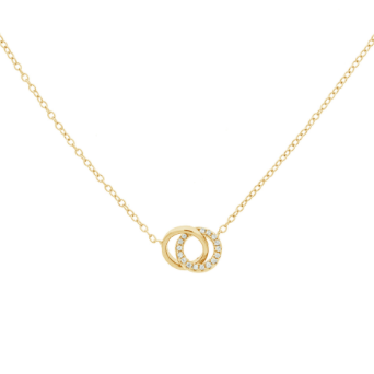 This 925 sterling silver necklace is 14K gold plated and is very dainty with 2 interlocking rings. One ring is surrounded by cubic zirconia.  This necklace is 16” in length with a 2” extender.  Lead and nickel free