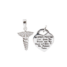 Load image into Gallery viewer, Nurses Prayer Saying: Lord, Guide My Hands and My Heart as I Care For My Patients Today  Perfect necklace for you or your nurse friends! Very versatile, you can take the pendants off the chain and wear them in your scrub pocket.  Comes with a sterling silver chain - can wear both pendants together or separately  Rhodium plated  Lead and nickel free  Hypoallergenic  Size: Caduceus: 22mm x 11mm Heart: 18mm x 16mm  Size of chain: 18”
