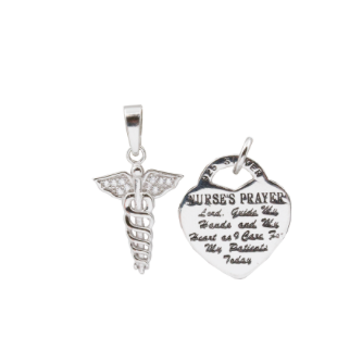 Nurses Prayer Saying: Lord, Guide My Hands and My Heart as I Care For My Patients Today  Perfect necklace for you or your nurse friends! Very versatile, you can take the pendants off the chain and wear them in your scrub pocket.  Comes with a sterling silver chain - can wear both pendants together or separately  Rhodium plated  Lead and nickel free  Hypoallergenic  Size: Caduceus: 22mm x 11mm Heart: 18mm x 16mm  Size of chain: 18”
