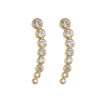 Load image into Gallery viewer, These 925 sterling silver and gold plated gradient bezel ear climbers are the perfect accessory for your evening dress. Each ear climber has a total of 8 high quality cubic zirconia   14K Gold Plated  Hypoallergenic, lead and nickel free   Size: 25mmx4mm
