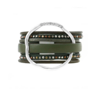 Leather bracelets are one of the hottest items of the season! Merx fashion bracelets are designed using high quality genuine leather, embellished with freshwater pearls, agate stones, and crystals. The metal used is pewter, zinc or brass. Nickel free & lead free.  This green leather bracelet is embellished with crystals   Magnetic clasp  Size: 8” in length  Width size: 1.25" 