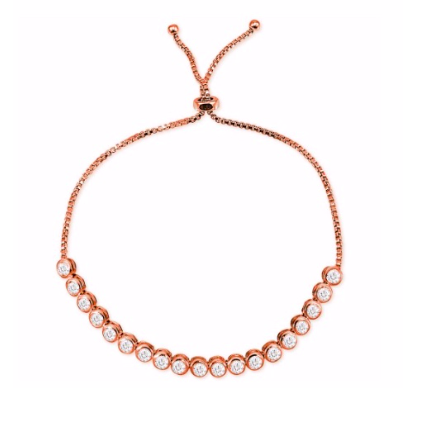This feminine, light 925 sterling silver bracelet features one row of beautiful cubic zirconia on a sterling silver adjustable chain.  This bracelet is 14K rose gold plated.  It can be worn as a single bracelet or stacked.  Because this bracelet is adjustable, it will fit most wrists  Hypoallergenic